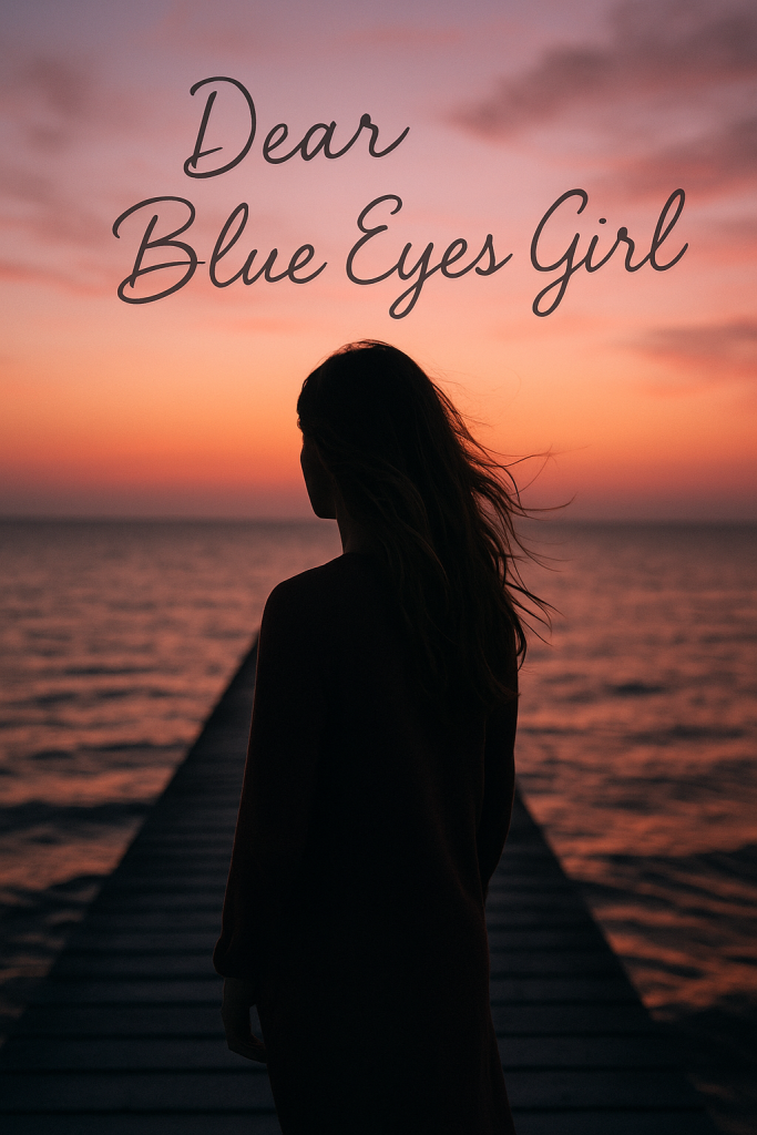 Silhouette of a woman with windblown hair standing on a pier at dusk, gazing out toward the horizon.