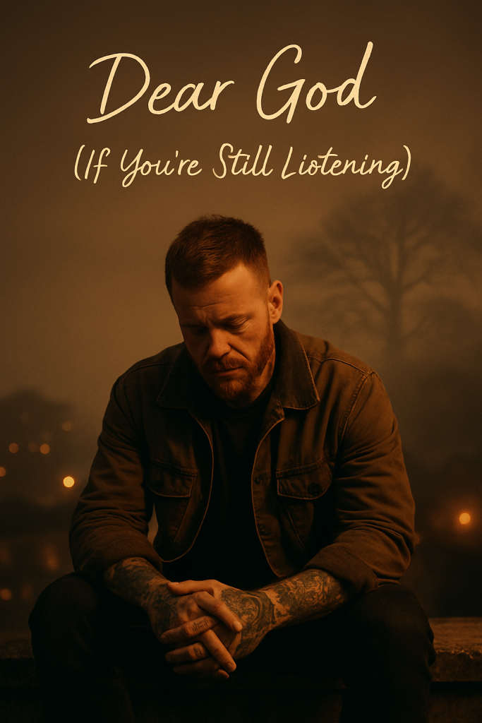 A solitary man sits on a rooftop at night, head bowed under a dark sky, questioning the silence above. Shall