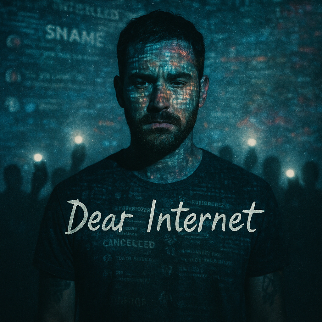 A man stands in digital darkness, internet headlines and tweets projected across his face. The phrase “Dear Internet” glows across his chest