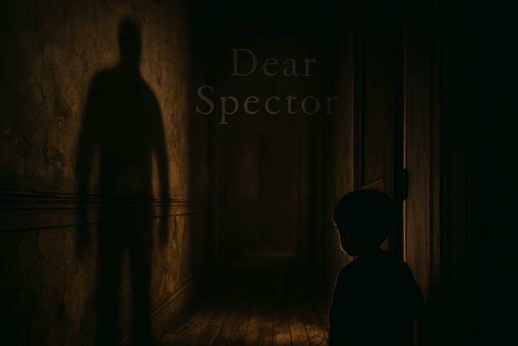 A child's shadow hides behind a door as a male figure’s shadow looms down the hallway, symbolizing fear and abuse.