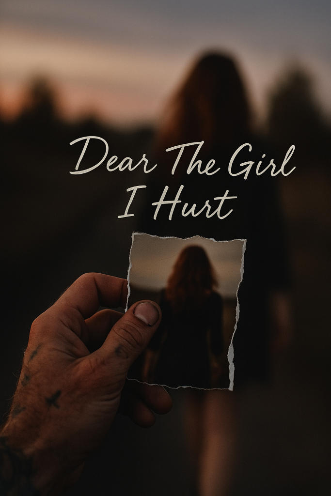 A man holds a torn photo of a woman, with “Dear The Girl I Hurt” written over the image in quiet, mournful tones.