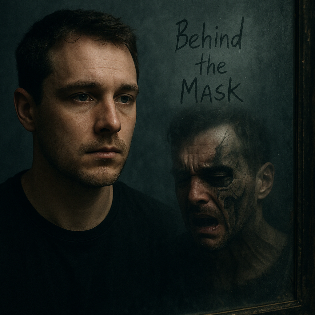 A man stares into a dirty mirror where his reflection appears darker, tortured, and fractured, symbolizing internal conflict and transformation.