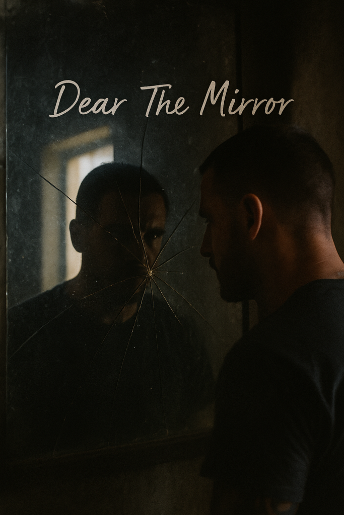 A man stares into a cracked mirror, his fractured reflection meeting his eyes as light filters through a nearby window.