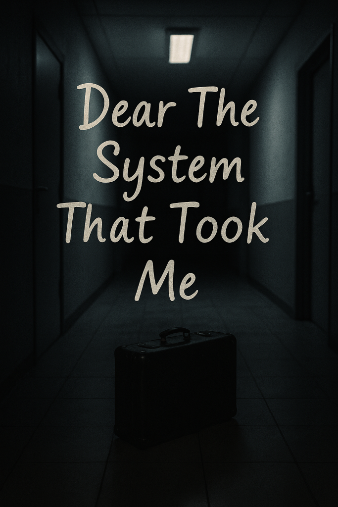 A small suitcase in an empty hallway under cold lighting, representing the displacement of children in care.