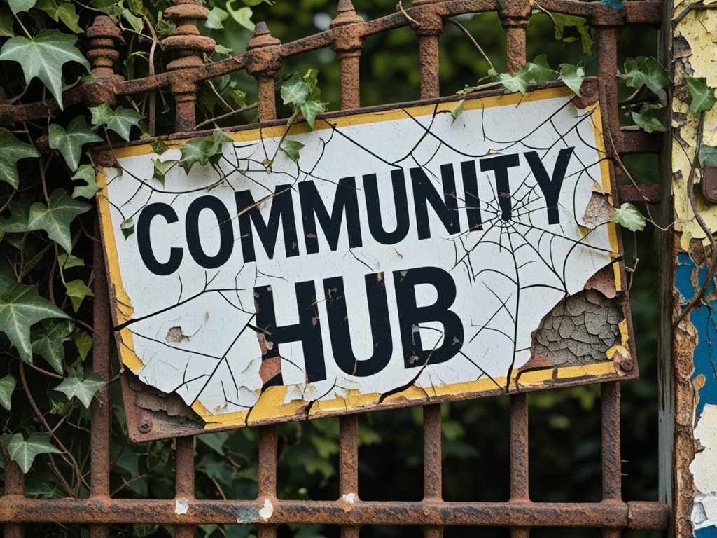 A vandalised sign that once read “Community Hub,” now cracked and hanging crooked on a rusted gate.