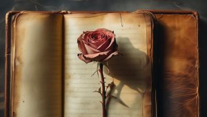 A wilted flower pressed between the pages of an old book.