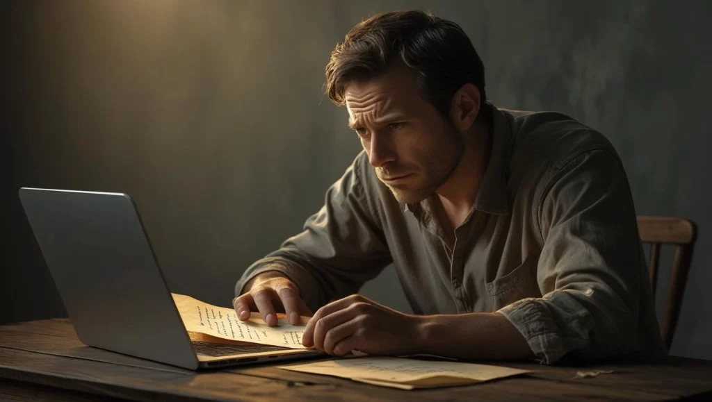 Billy Coull sits at a desk with both a laptop and handwritten notes in front of him, choosing between them in soft morning light.