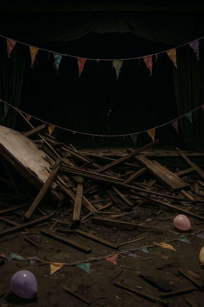 A broken stage under dim light, with scattered chairs and torn backdrops, symbolising failure and fragile ambition.