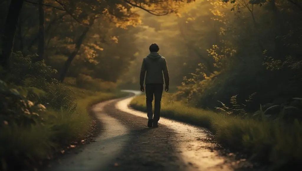 Billy taking a deliberate step, perhaps on a quiet path, with a focused gaze