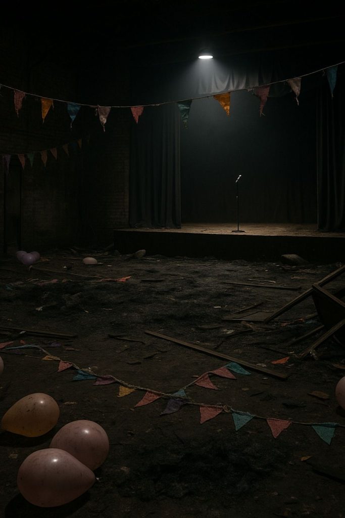 dusty warehouse stage, scattered props, spotlight cutting through silence—symbol of both collapse and potential.