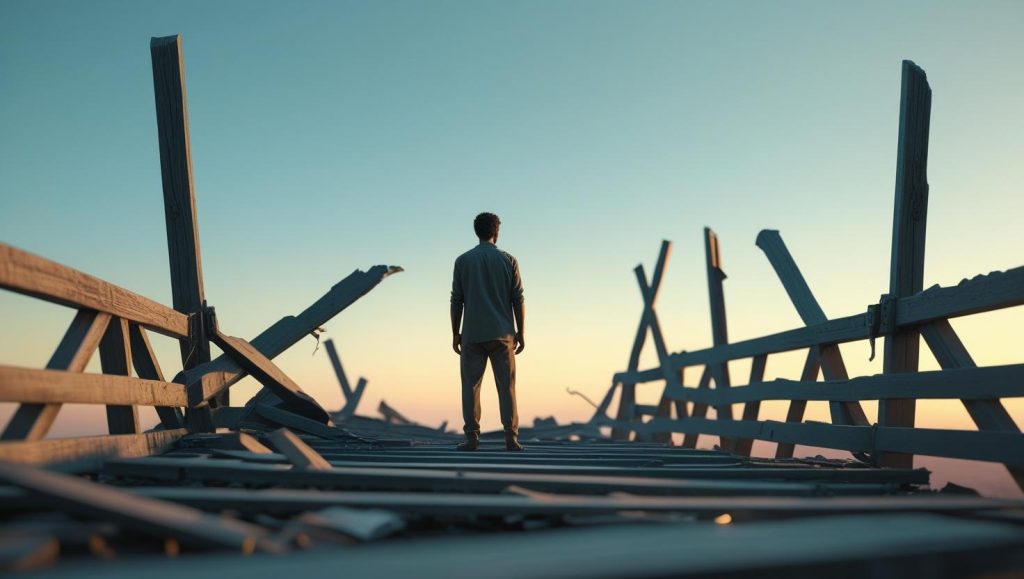 Billy Coull at the edge of a broken wooden bridge, holding a piece of rope, looking across calmly.