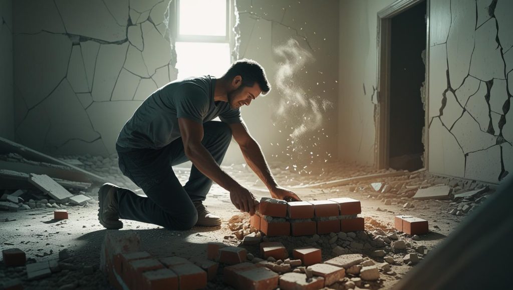 Billy Coull broken room, placing the first brick of a new foundation. Image Description: